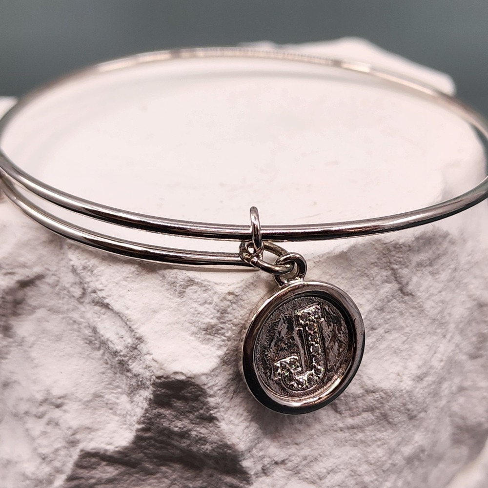 Alex And Ani 925 Sterling Silver J Initial Charm Expandable Bangle Bracelet
